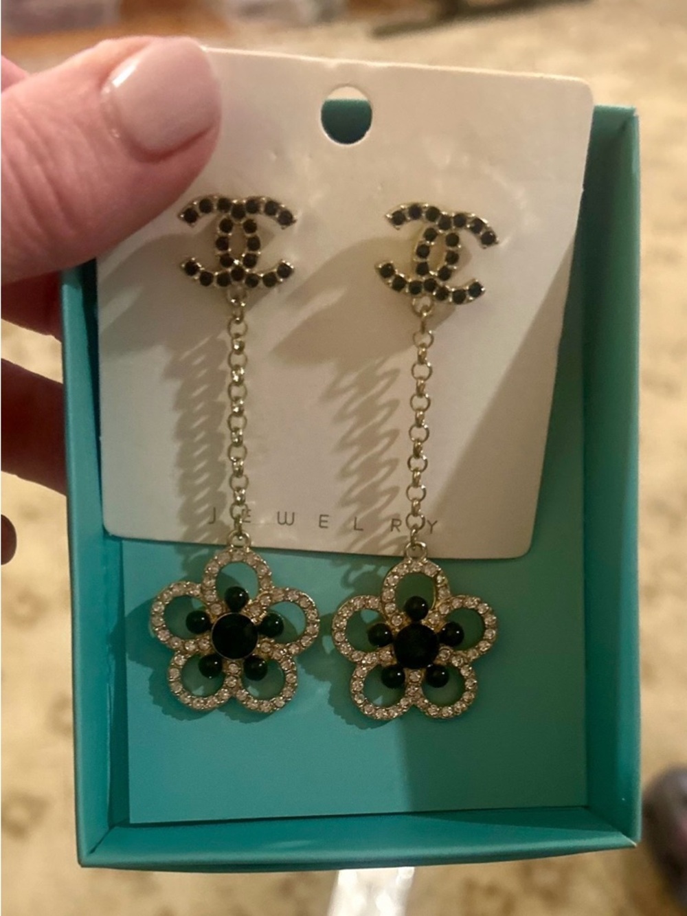 Black Flower Inspired Drop Earrings with Gold Chain, Fashion Jewelry, NEW